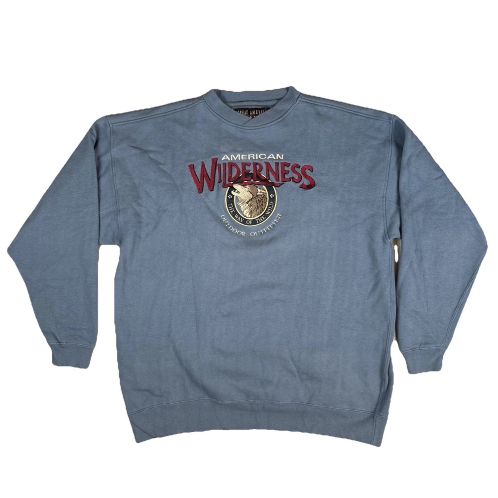 Vtg Wolf Sweatshirt Blue Pullover XL Great American Wilderness Lakes‎ Timbers